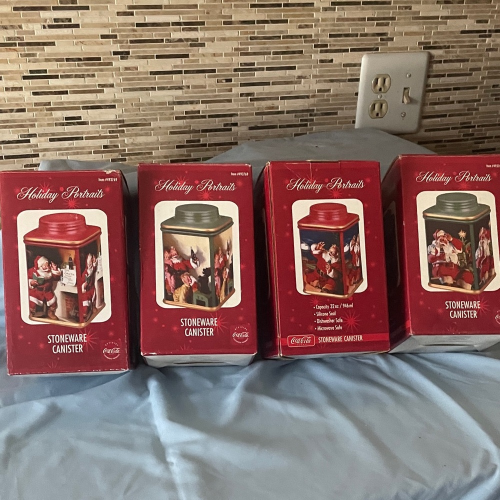 Coca Cola Holiday Portrait Stoneware Canister Set - Festive Red and Green